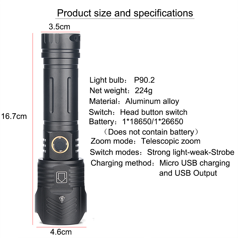 XHP90 LED 3 Modes Gradation Lampe de Poche Haute Luminosité USB Charge  Torche avec 2 Batteries noir_2x26650 batterie